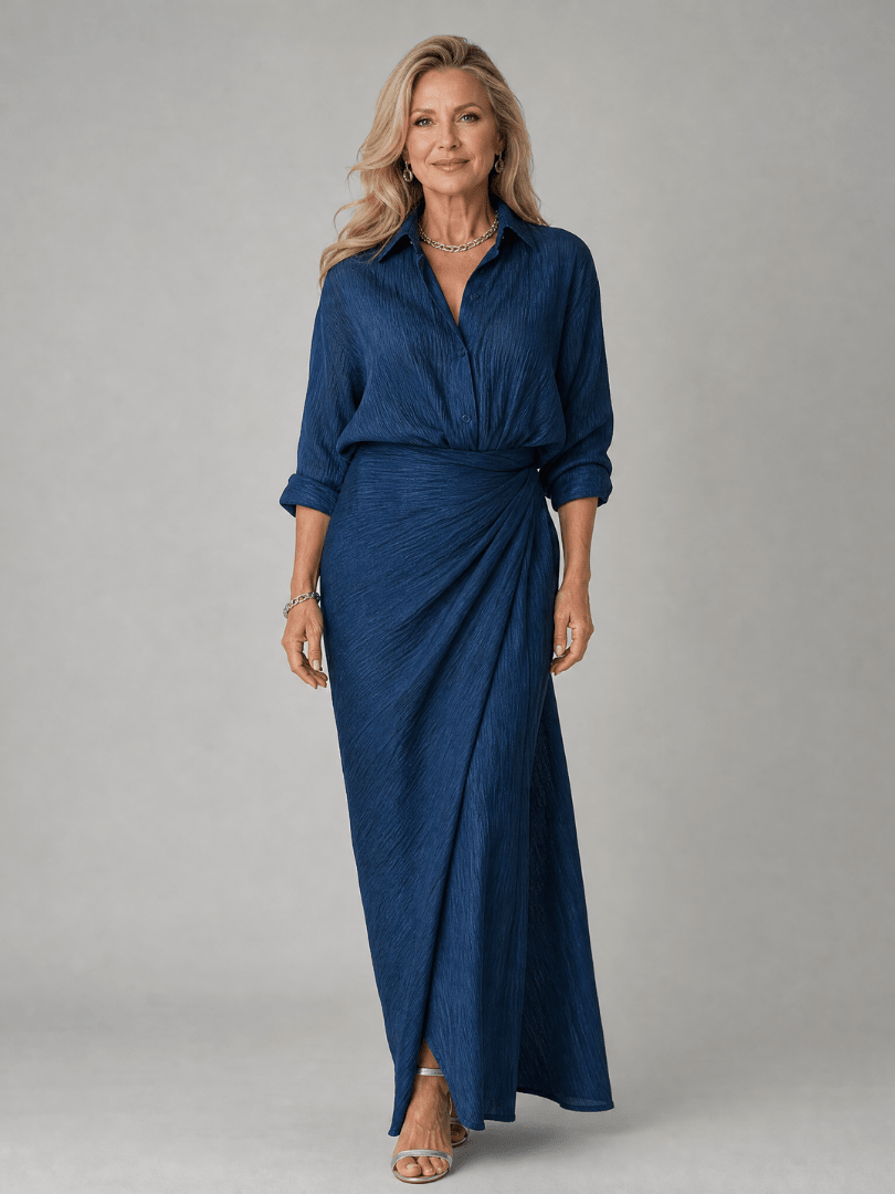 Long sleeve maxi dress featuring a wrap front design and gathered waist, perfect for elegant occasions and lightweight for comfort. 0